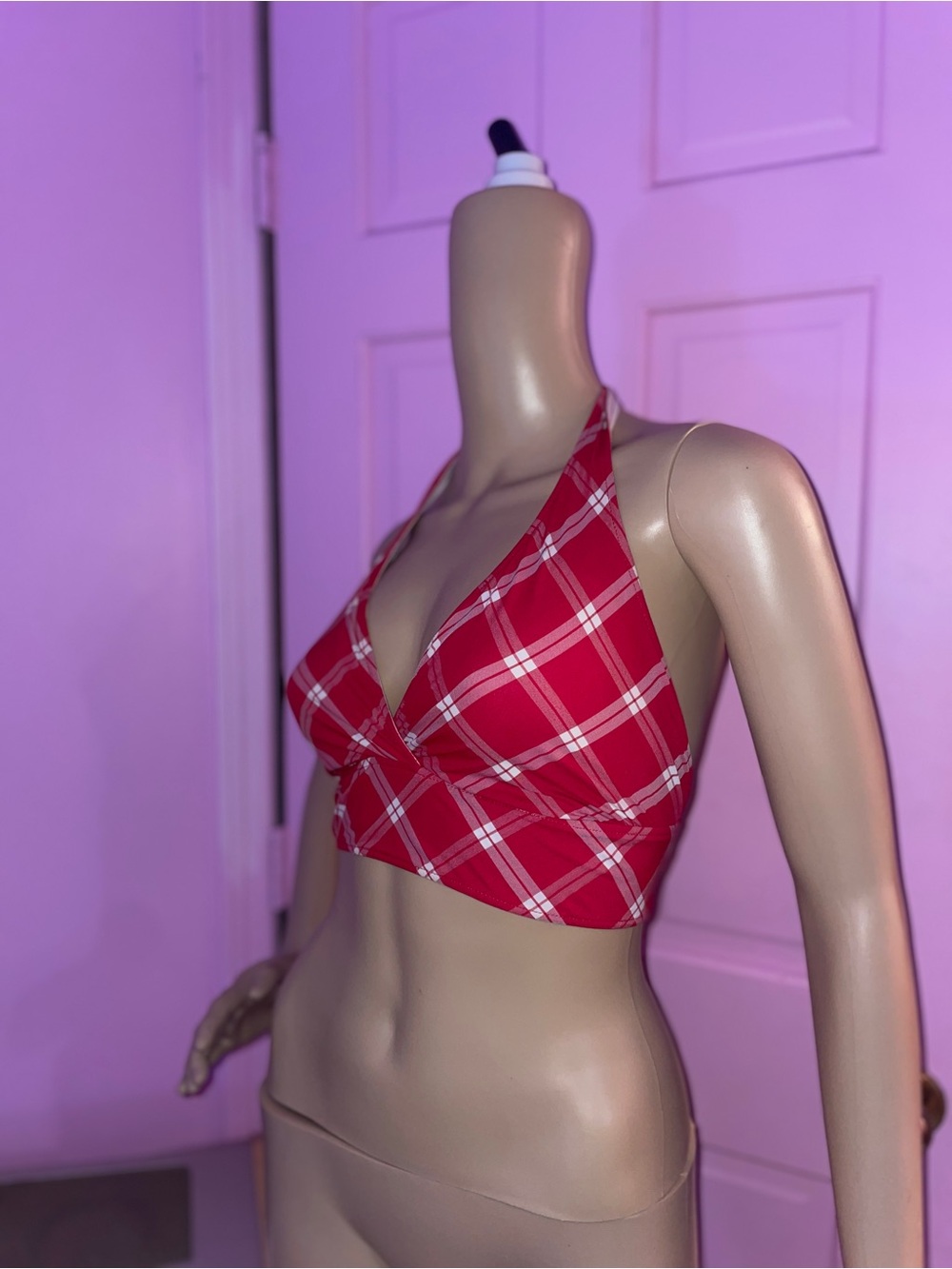 red plaid tie halter swim top